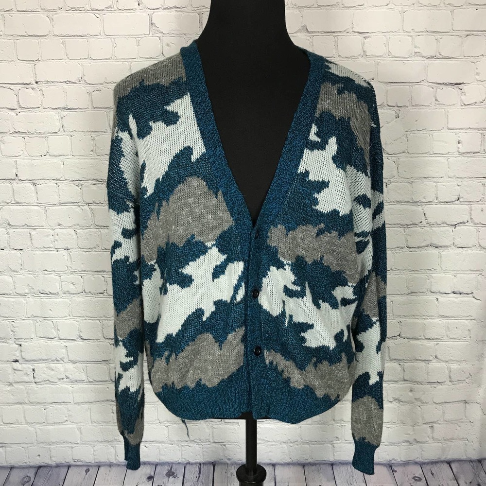 Vintage 80s 90s Forum Italy Abstract Green Gray Abstract Cardigan | Mens Large